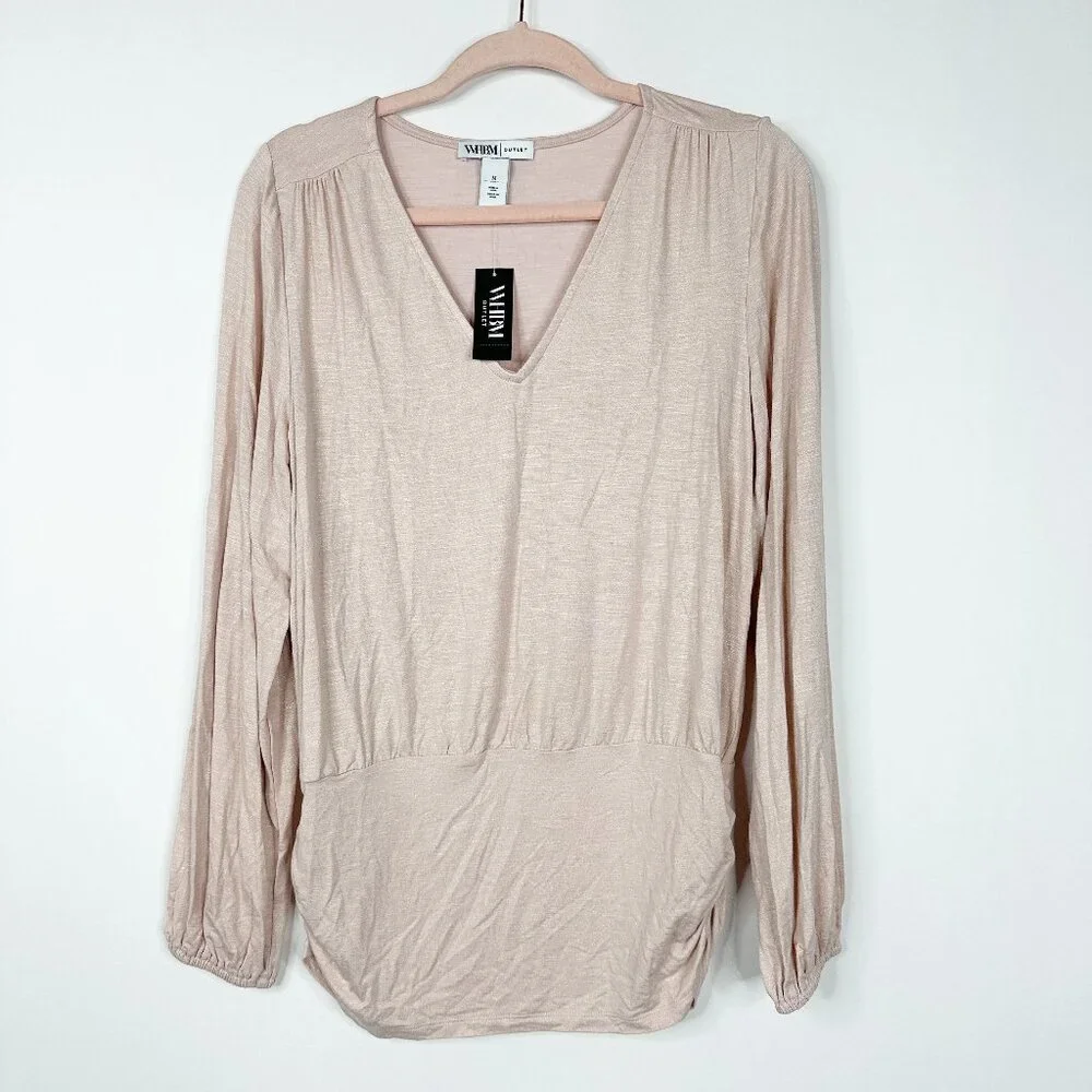 NWT White House Black Market Long Sleeve V Neck Banded Top Sepia Rose M